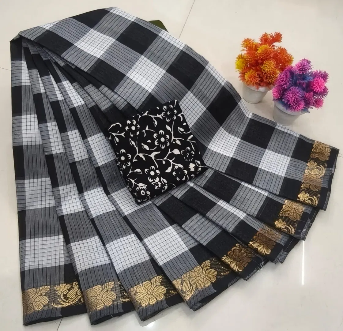 Black Grey and White Checkered Antique Gold Floral Chettinad Cotton Saree